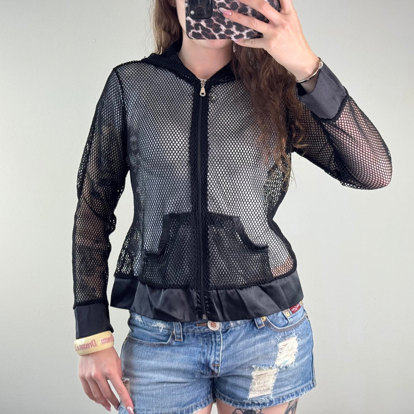 Y2K vintage fishnet mesh perforated zip up hoodie lightweight sheer see through