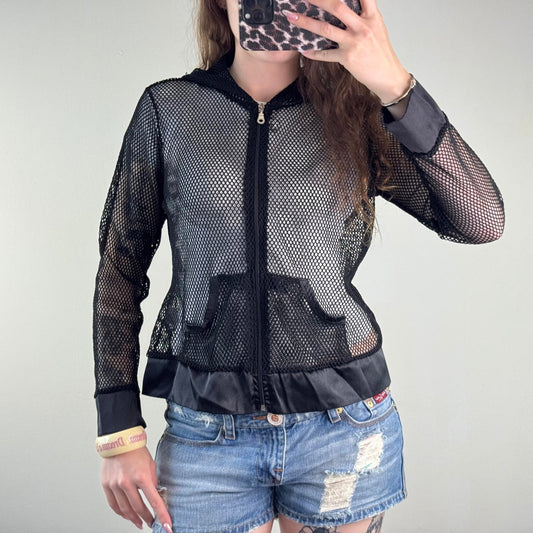 Y2K vintage fishnet mesh perforated zip up hoodie lightweight sheer see through