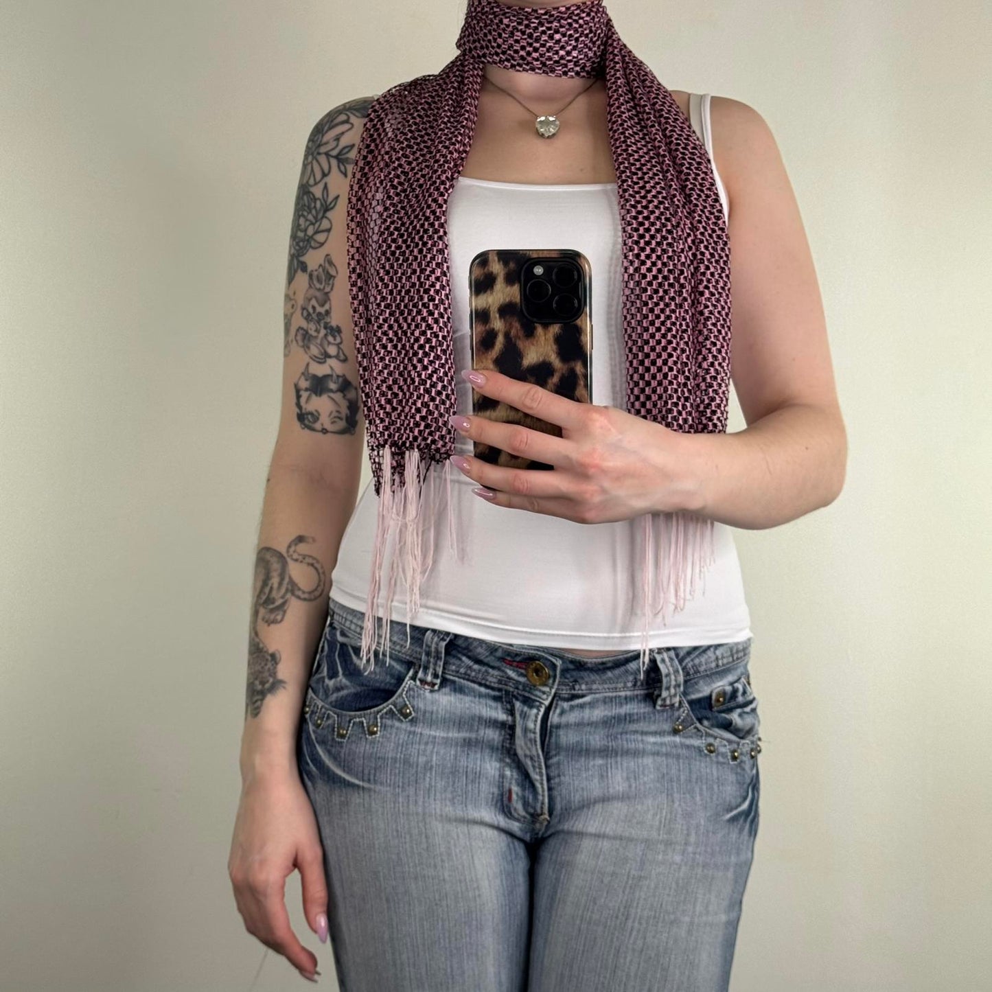 Y2K vintage mesh scarf fringe black pink sheer netted