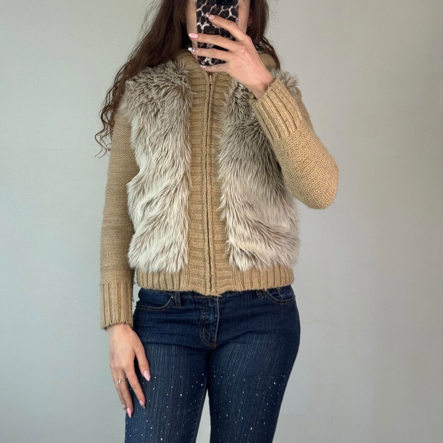 Y2K vintage faux fur zip up chunky knit hoodie mcbling