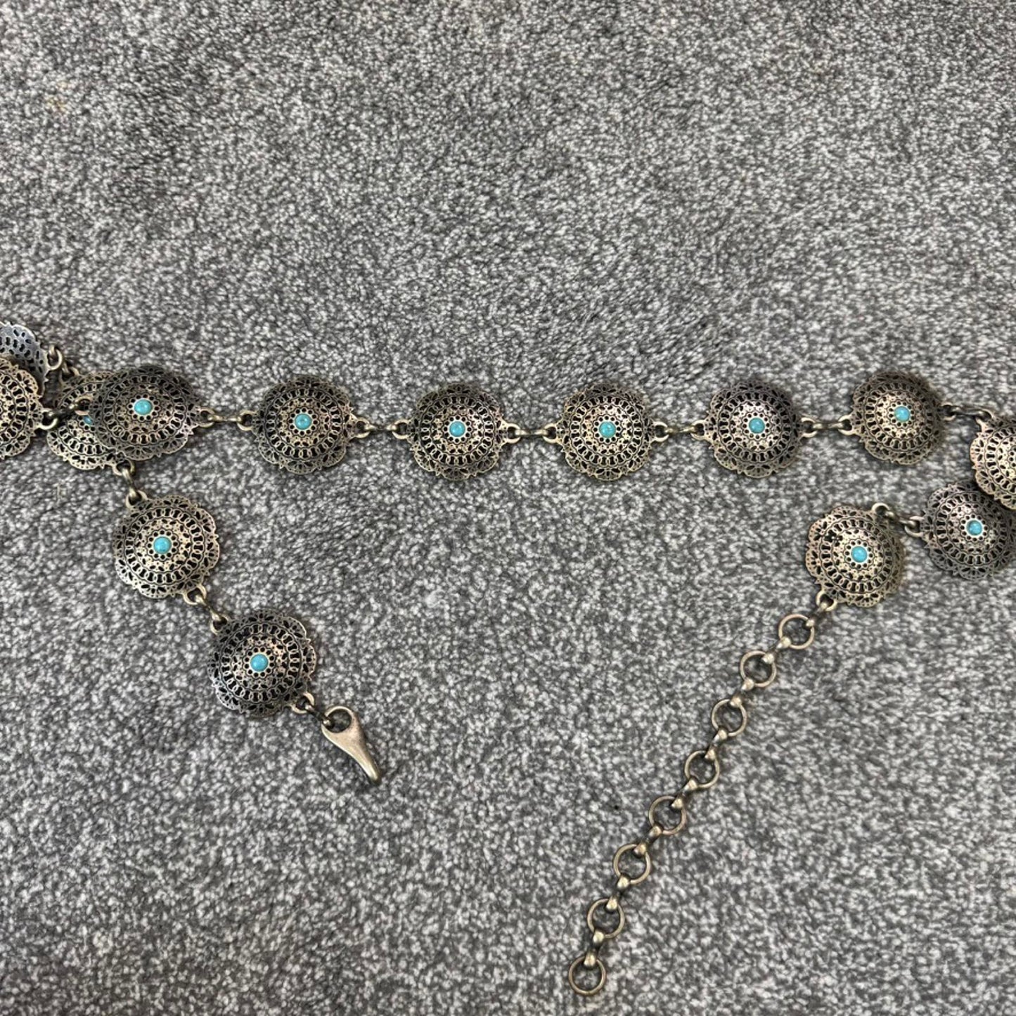 Y2K vintage disc circle metal belt silver blue chain boho