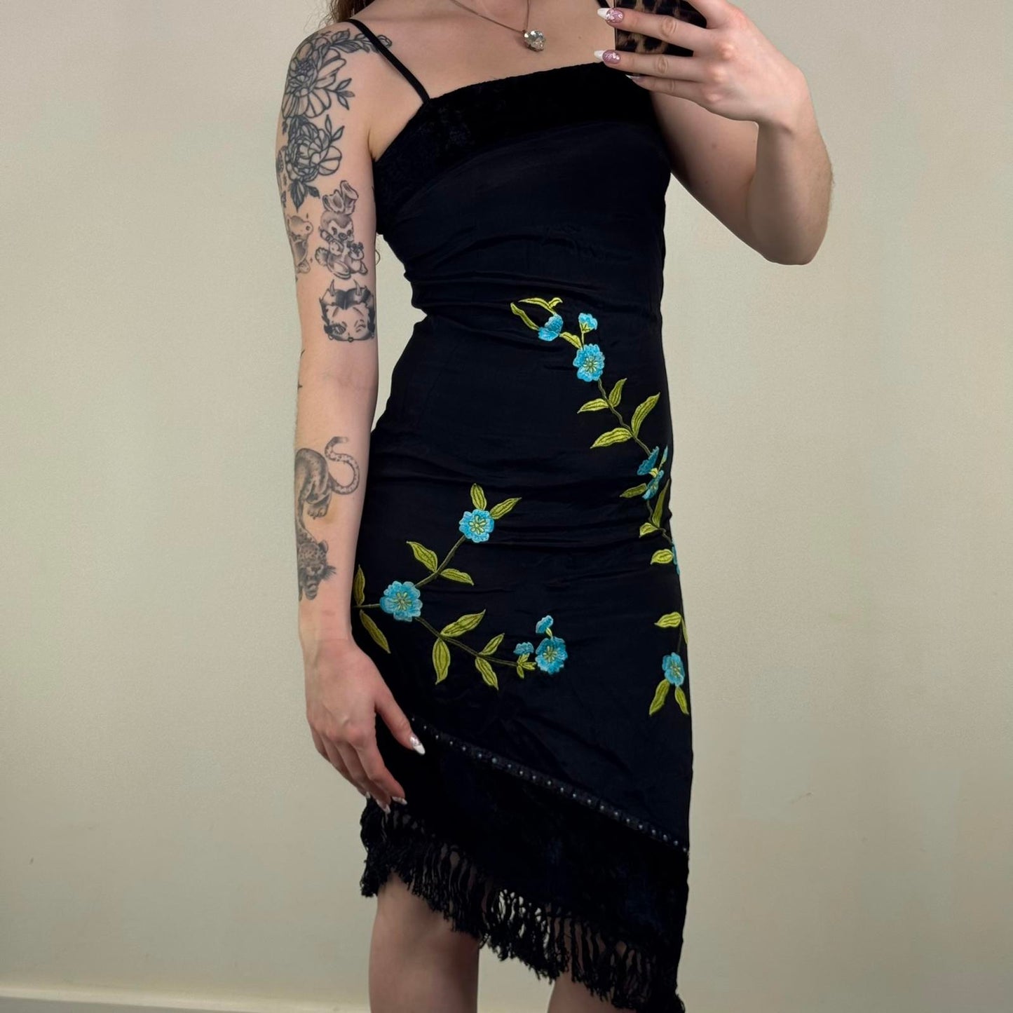 Y2K vintage midi dress asymmetrical floral embroidery fringe beaded velvet trim