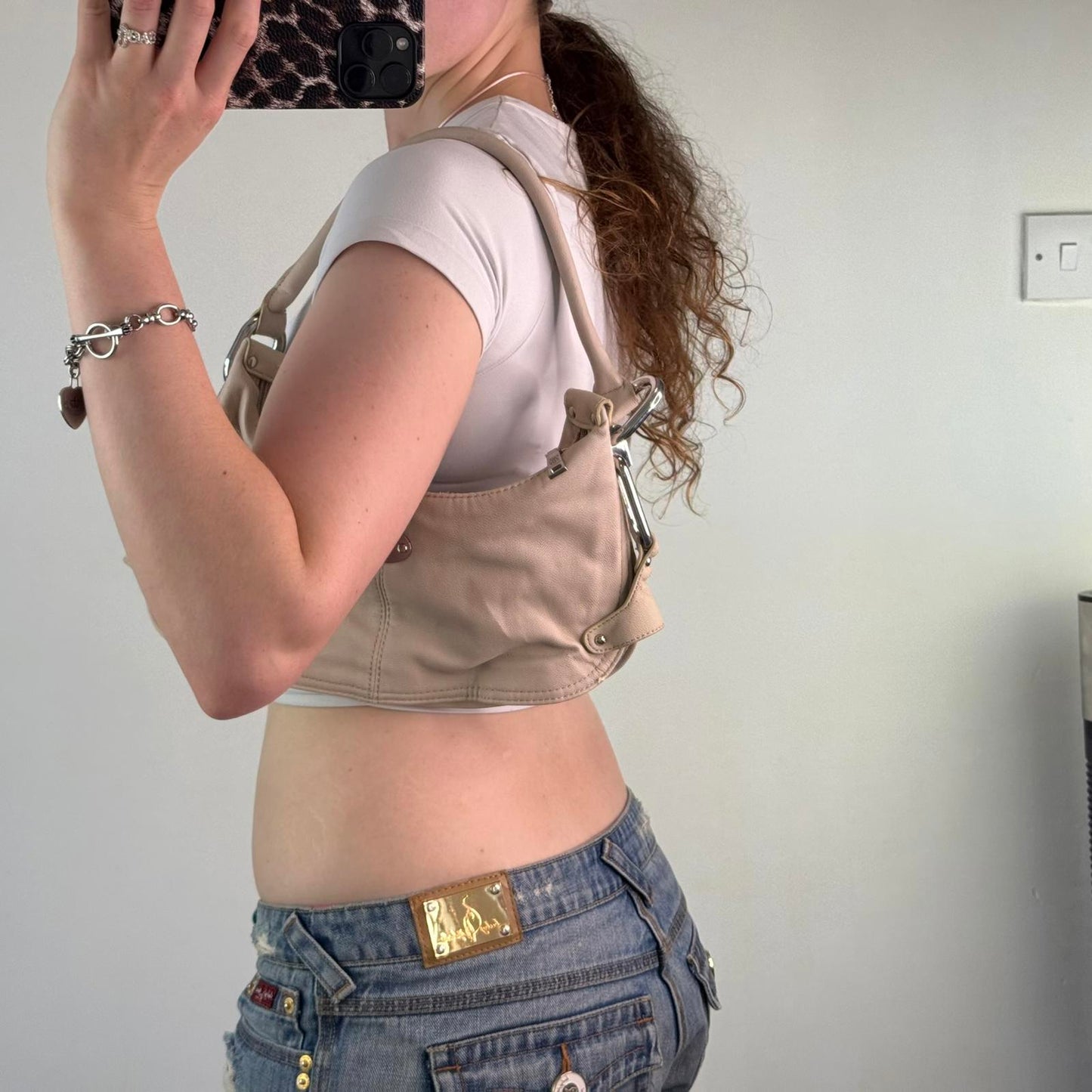 Y2K vintage Fiorelli faux leather mini shoulder bag buckle studded cream silver