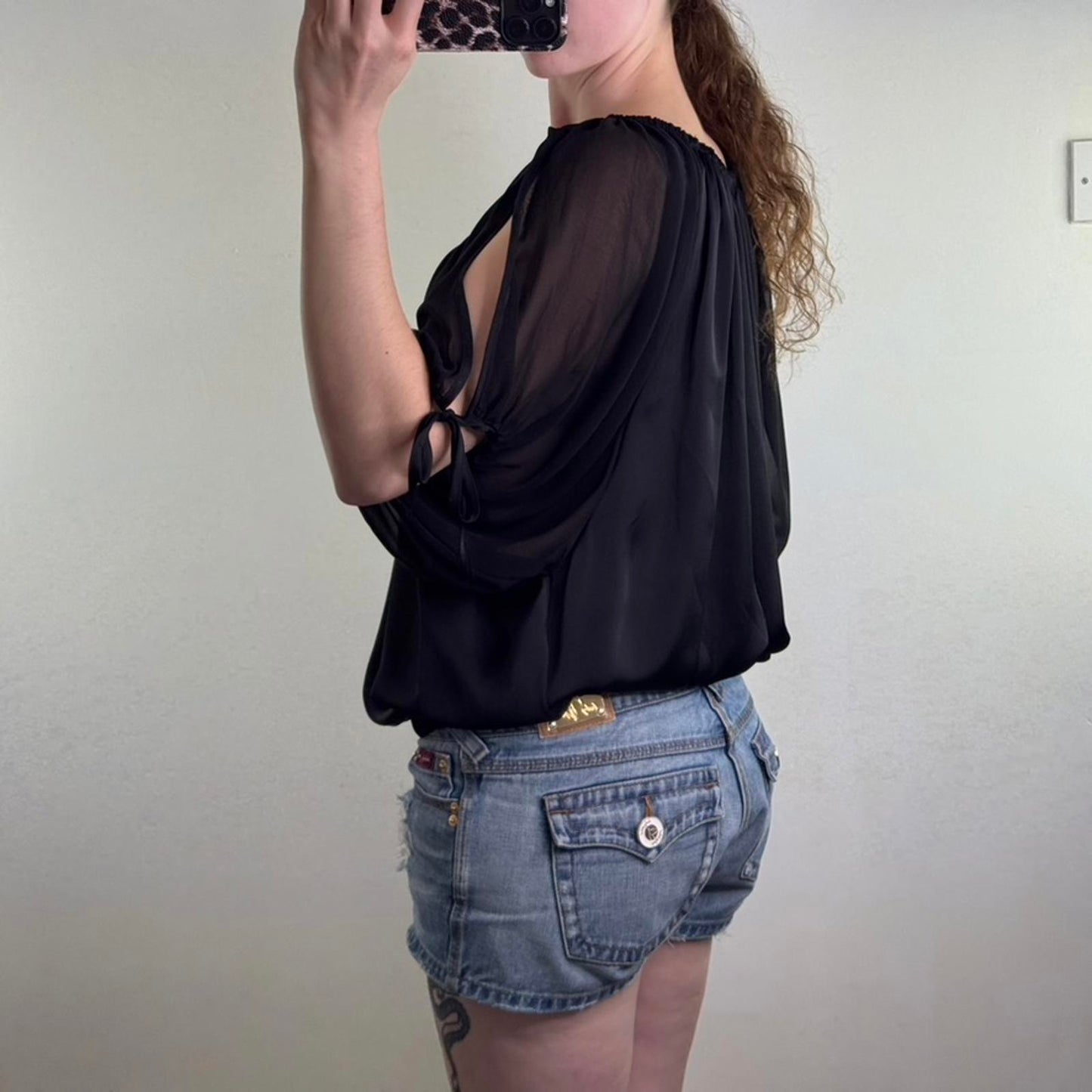 Y2K vintage batwing dolman blouse top elastic waistband sheer bow open shoulder