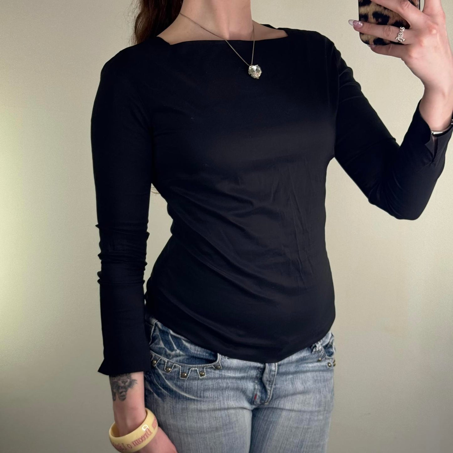 Y2K vintage fitted 3/4 sleeve top high boat neck basic simple flattering formal