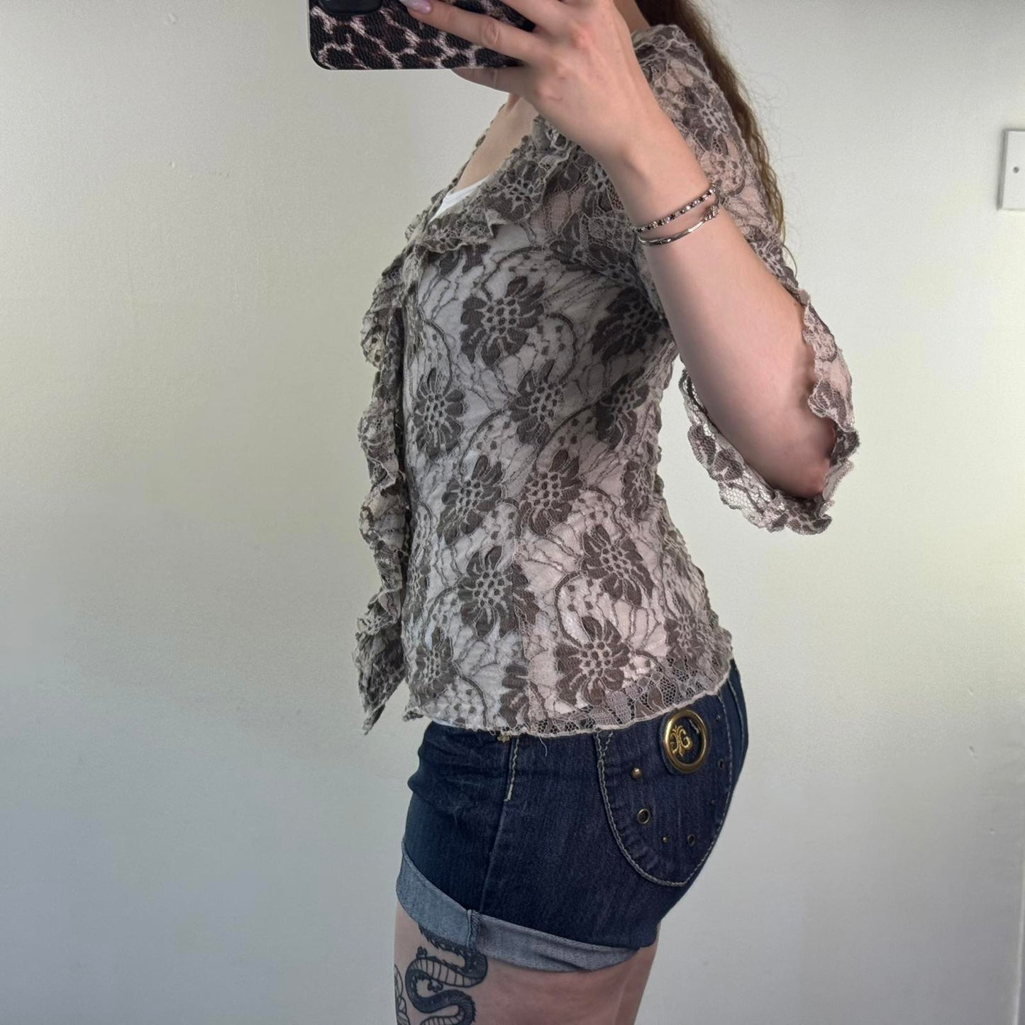 Y2K vintage lace frilly 3/4 sleeve top v open neck floral flower ruffle sheer