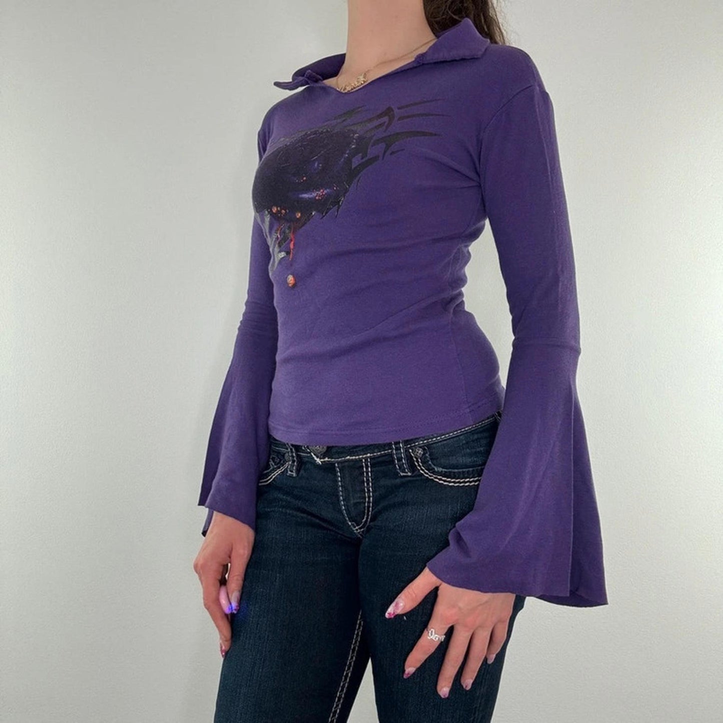 90s Y2K vintage tribal flare long sleeve top gothic alt rose collar