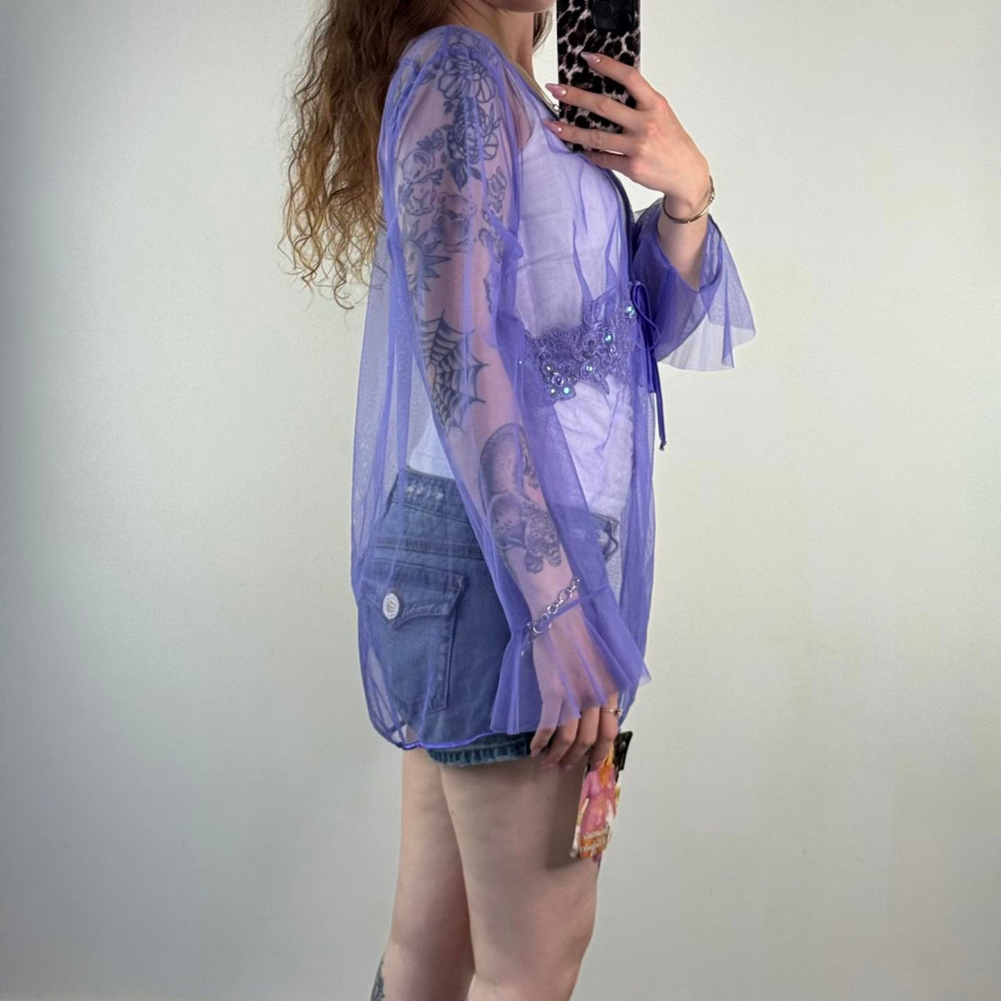 Y2K vintage lilac mesh cardigan floral embroidery sequin v neck frill sleeve