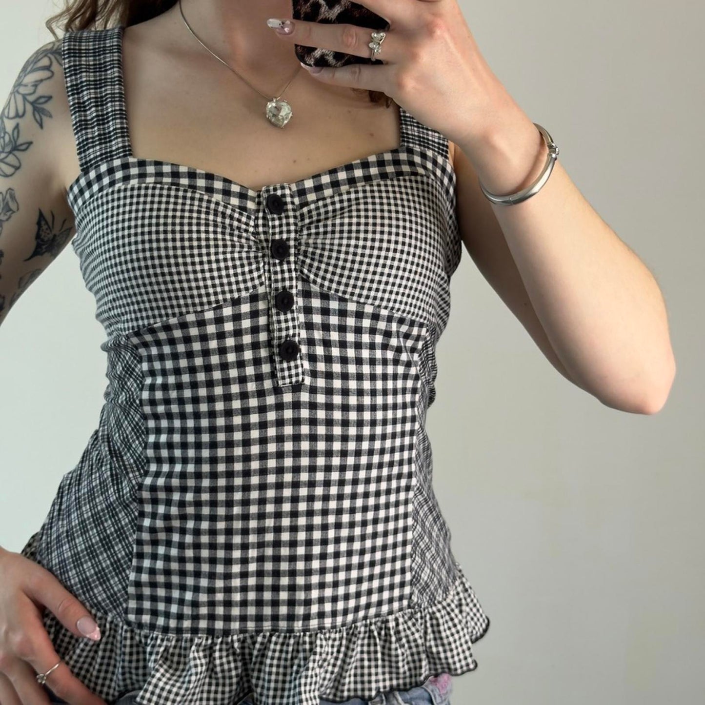 Y2K vintage gingham tartan frilly tank top lace up detail sweetheart neck
