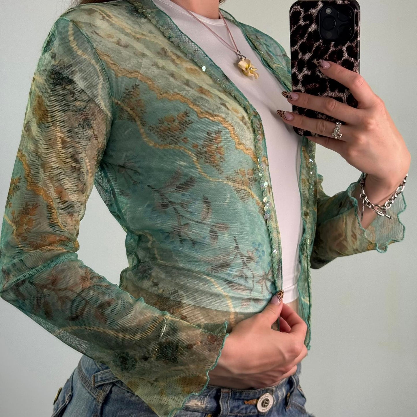 Y2K vintage mesh floral print open front cardigan long sleeve sequin