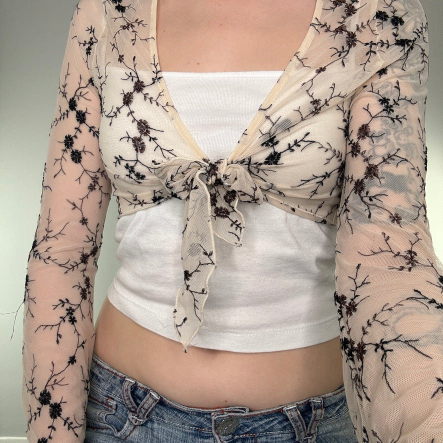 Y2K floral mesh cropped long sleeve cardigan