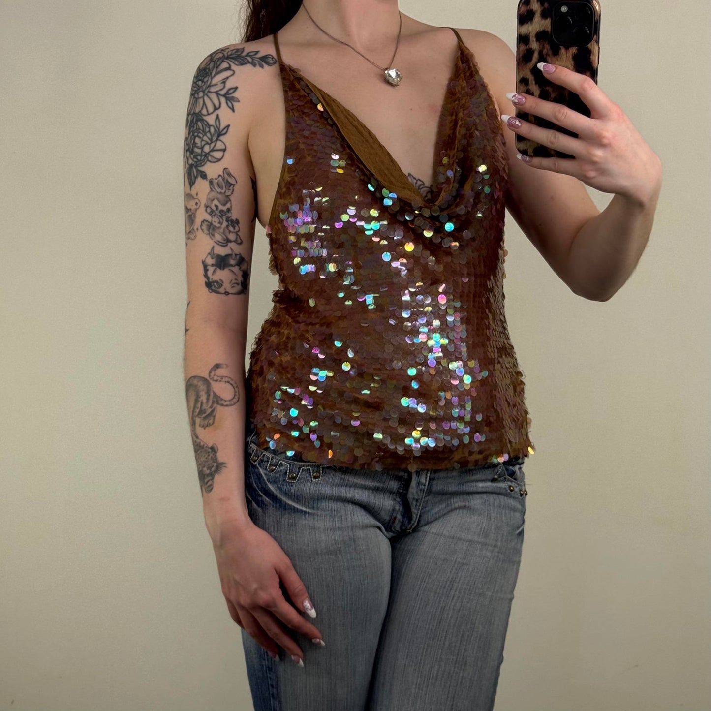 Y2K vintage 100% silk tank top embellished cowl neck party festival strappy