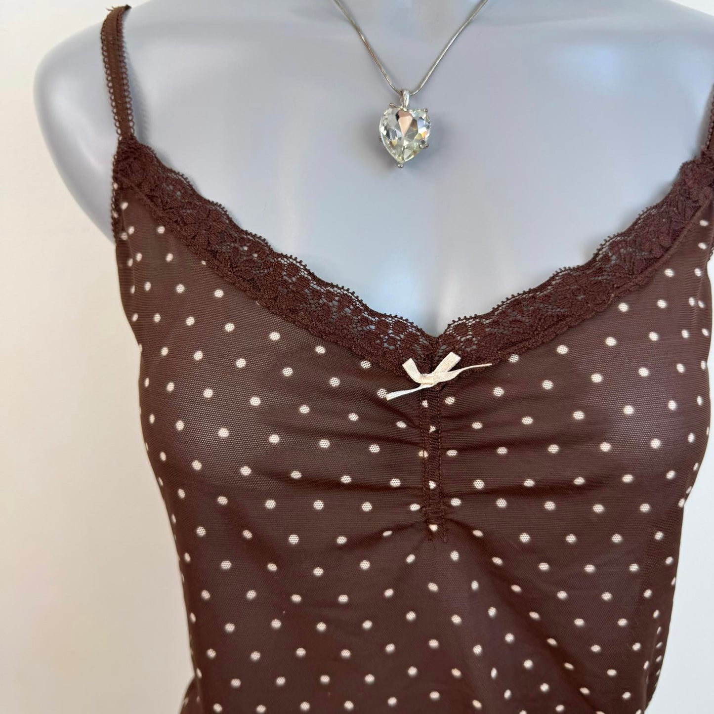 Y2K vintage poka dot mesh cami top bow sheer stretchy v neck lace trim bust