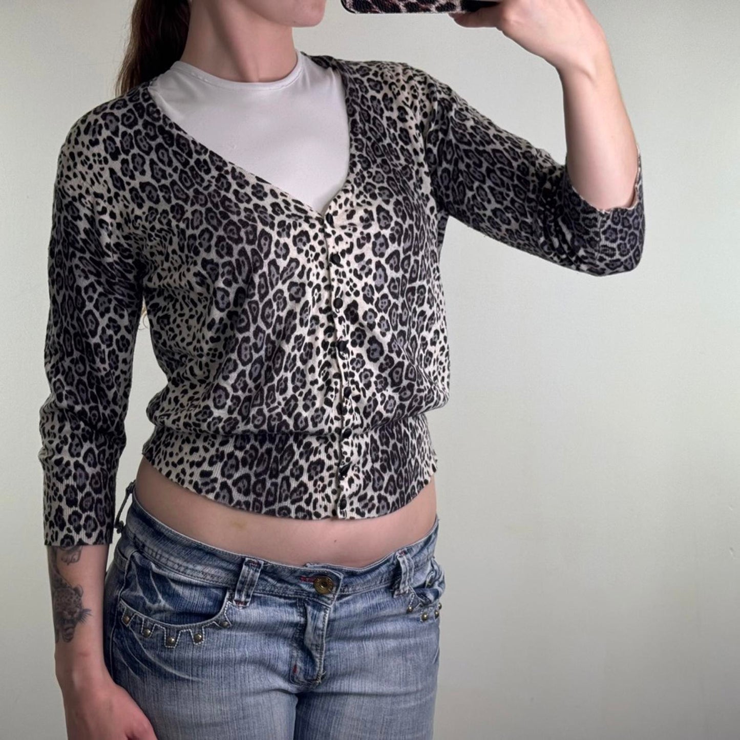 Y2K vintage leopard print fine knit button up cardigan grey black