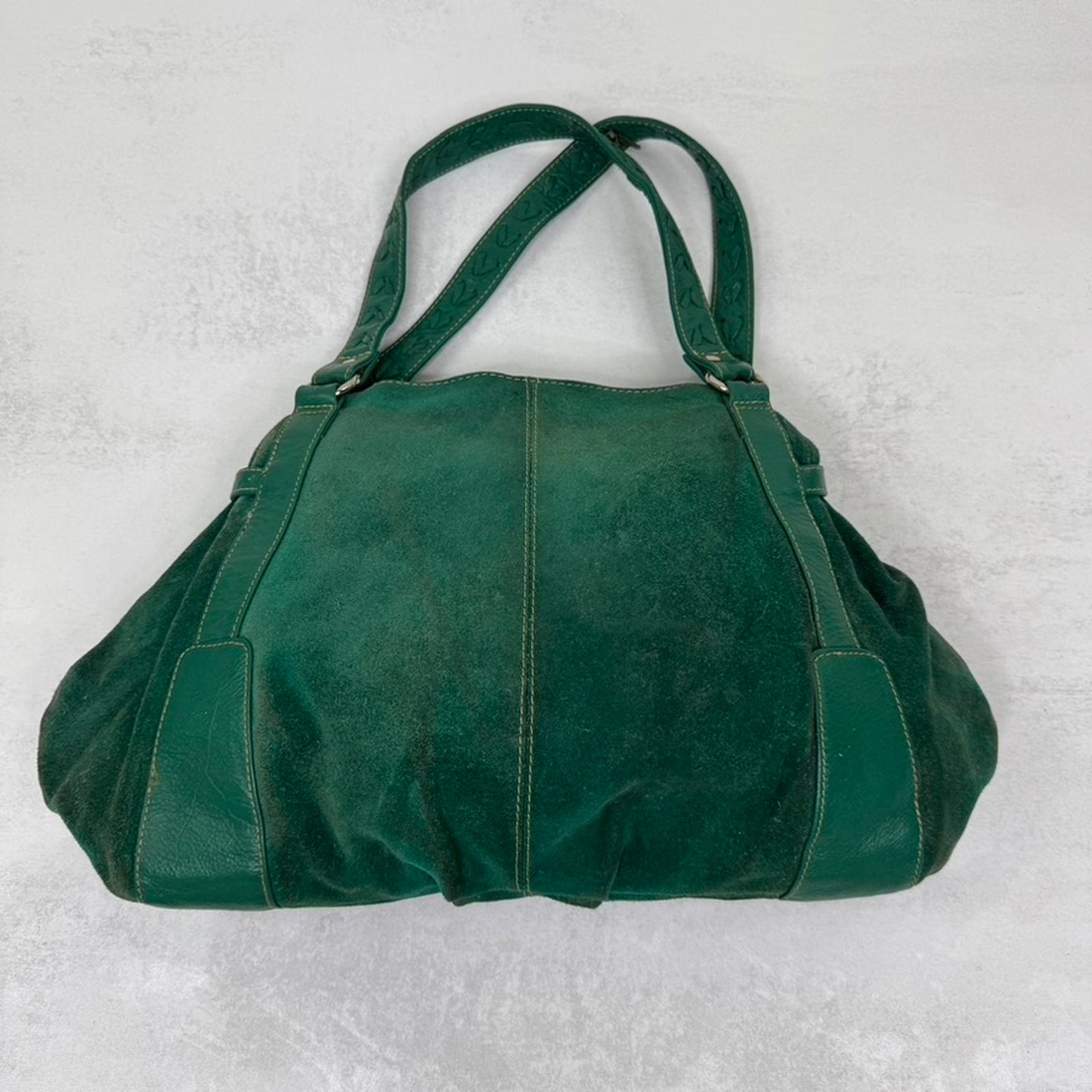 Y2K vintage genuine suede shoulder bag slouchy zipper green silver medium