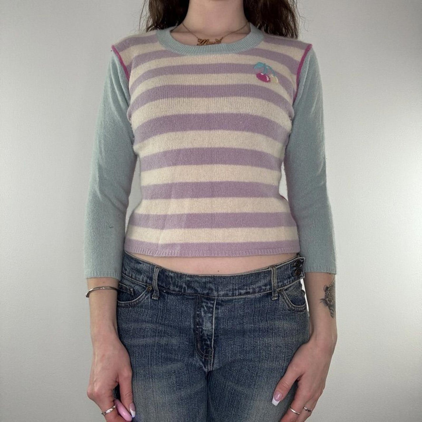 Y2K vintage wool stripe cherry jumper pastel block colours 3/4 sleeve knit