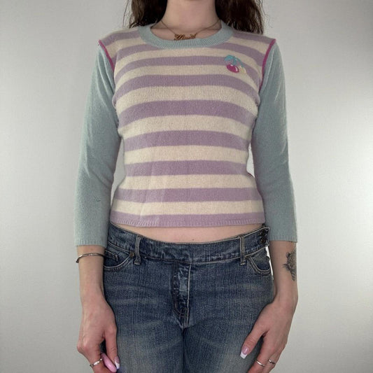 Y2K vintage wool stripe cherry jumper pastel block colours 3/4 sleeve knit