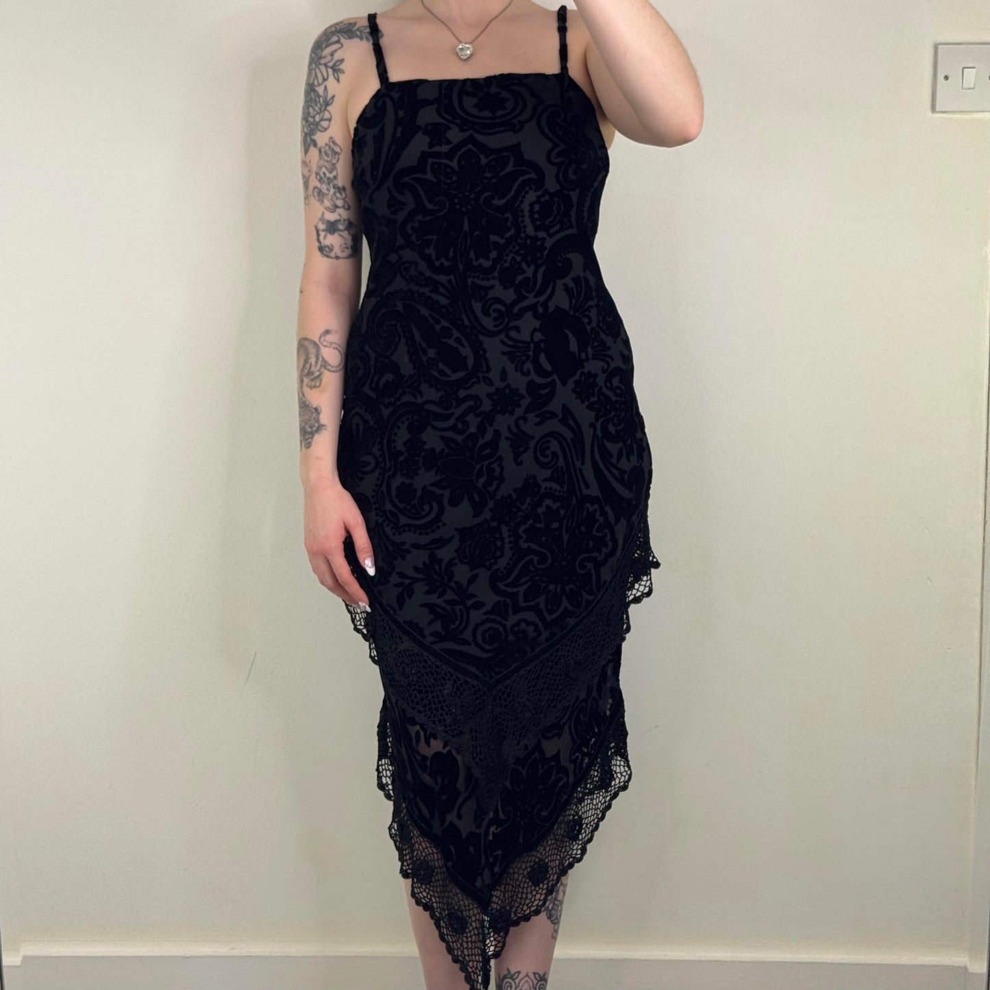 Y2K vintage Laura Ashley vintage maxi dress silk blend crochet hanky hem velvet