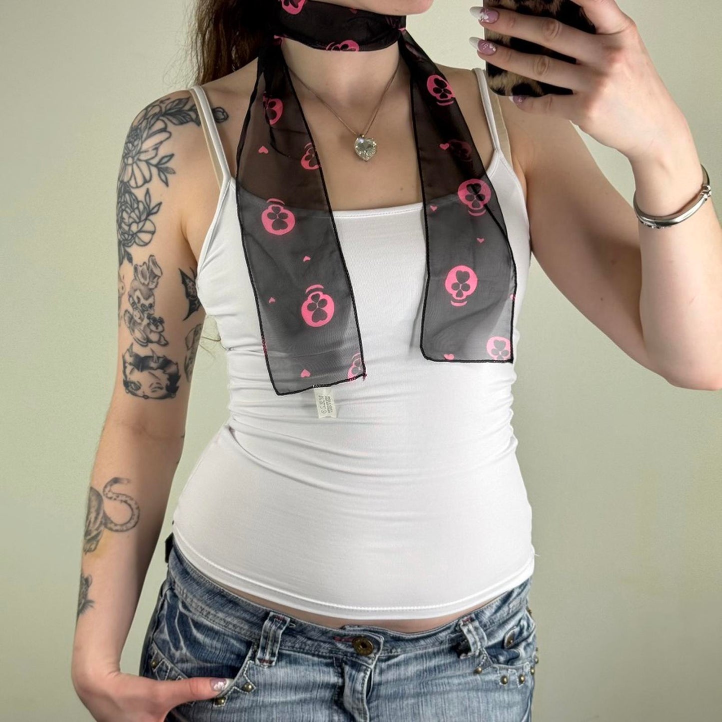 Y2K vintage skull scarf sheer pattern print black pink heart