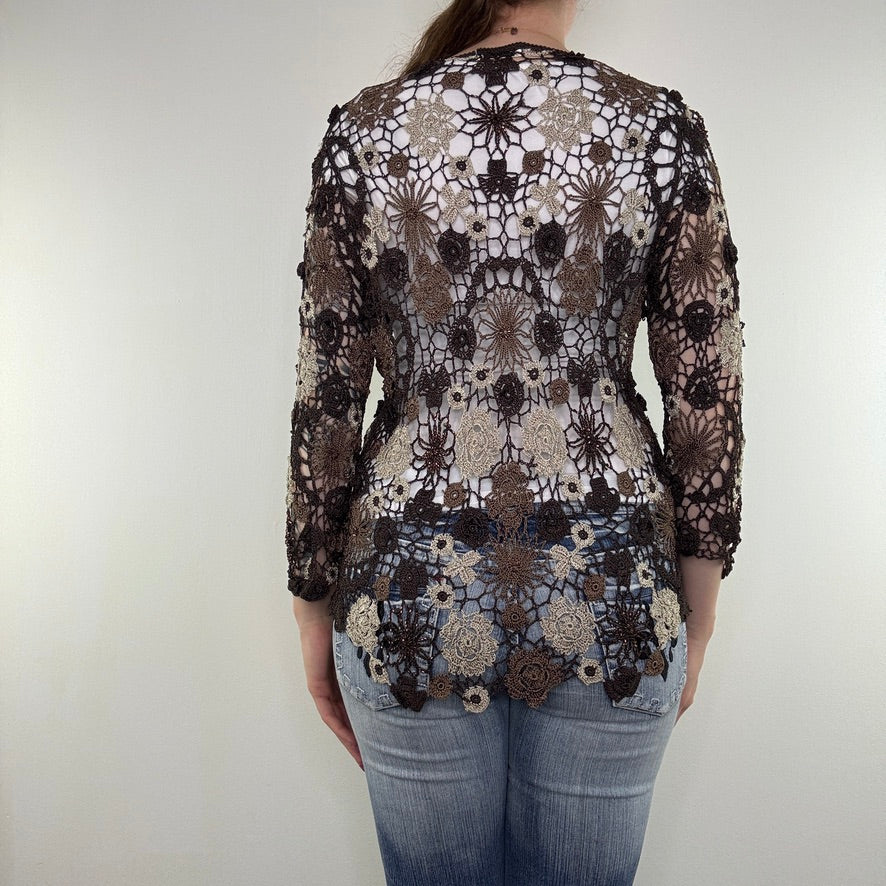 Y2K vintage crochet floral cardigan v neck boho fairy