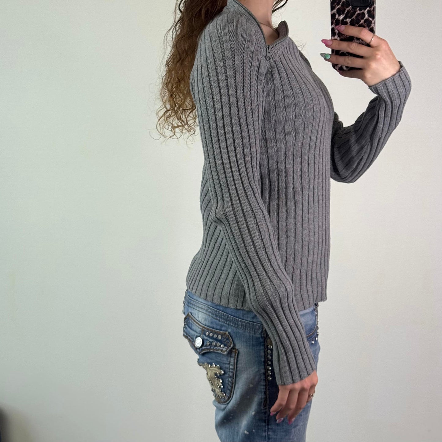 Y2K vintage asymmetrical side zipper ribbed chunky knit jumper high neck