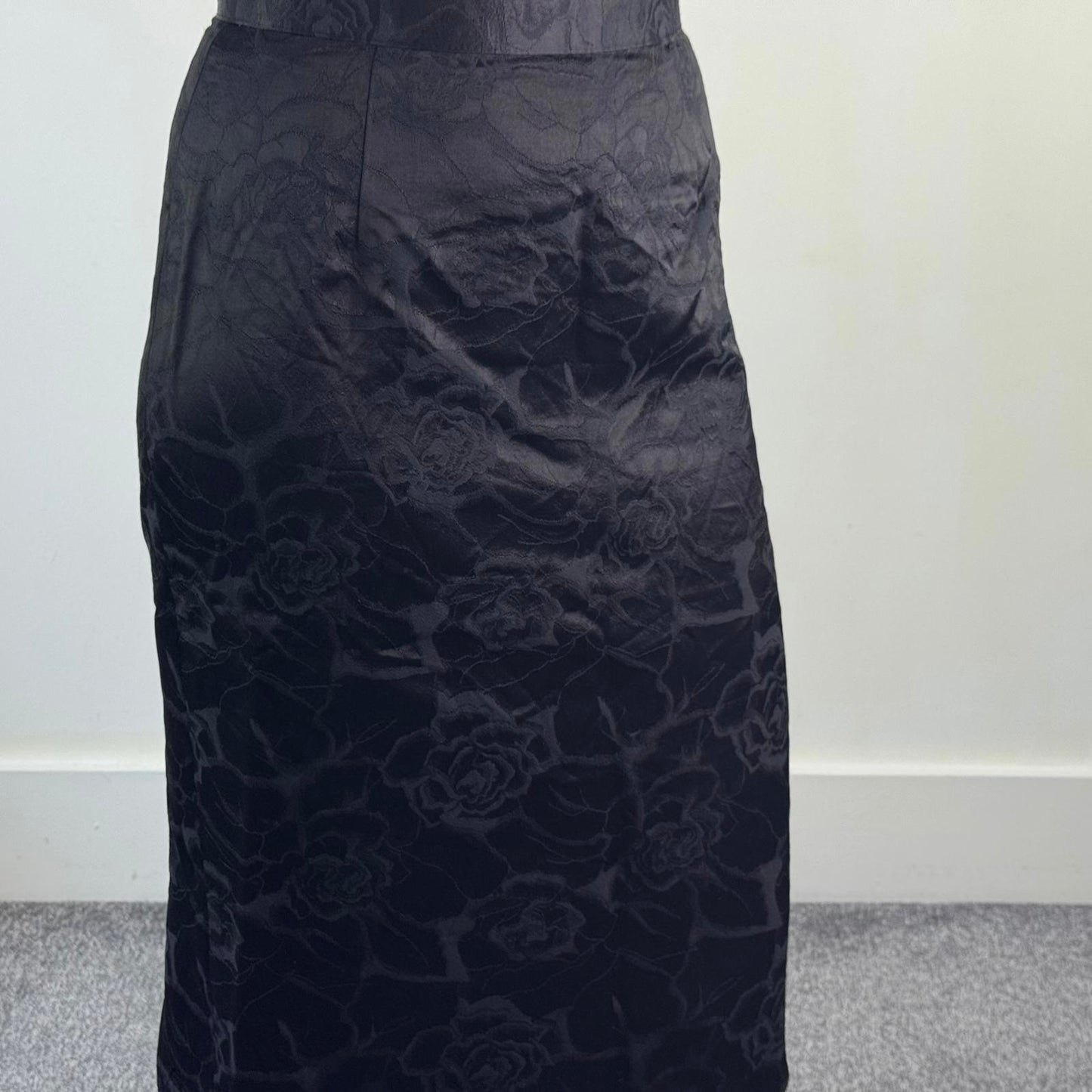 Y2K vintage black floral rose print midi skirt fitted a line black split formal