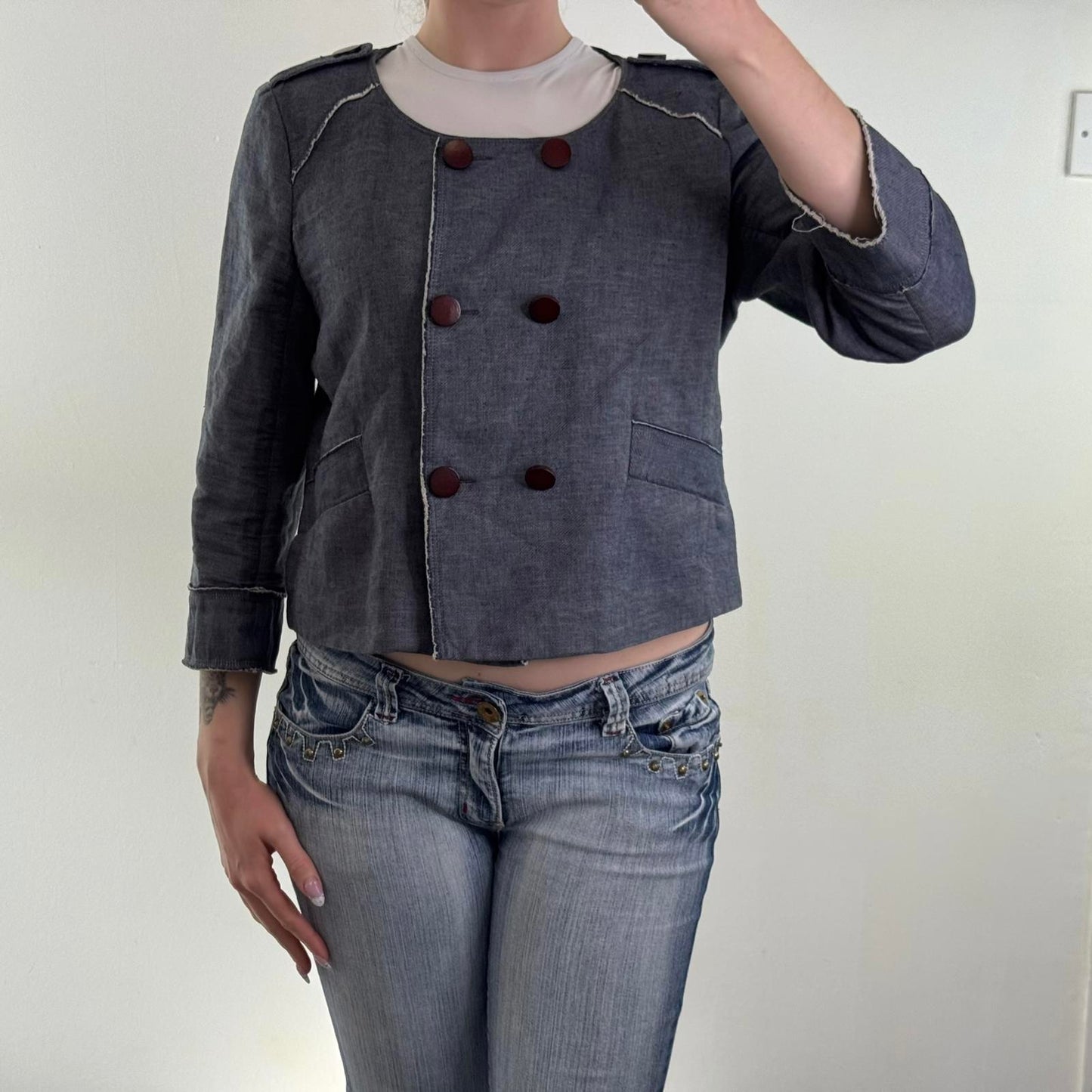 Y2K vintage linen blend pea coat lightweight jacket cropped 3/4 sleeve