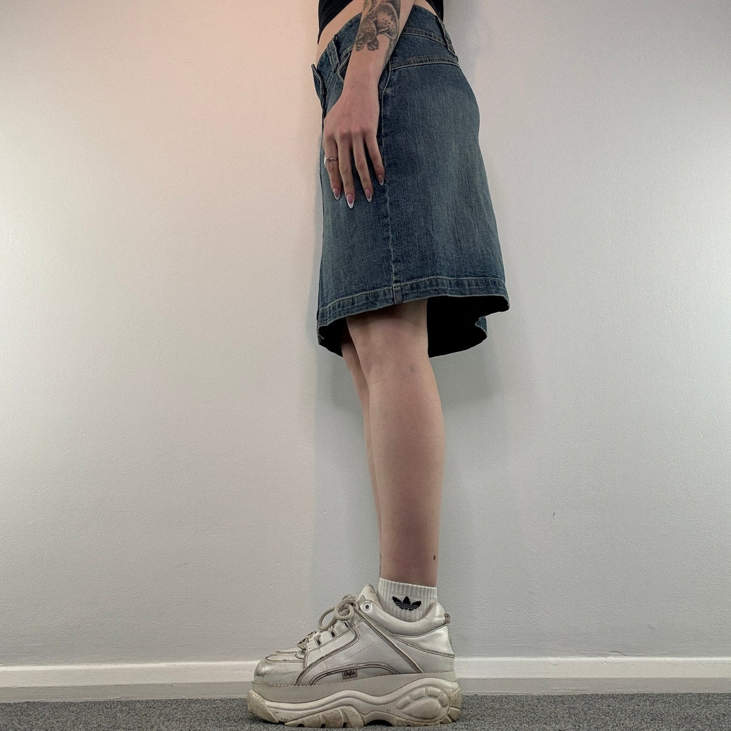 Y2K buckle denim midi skirt