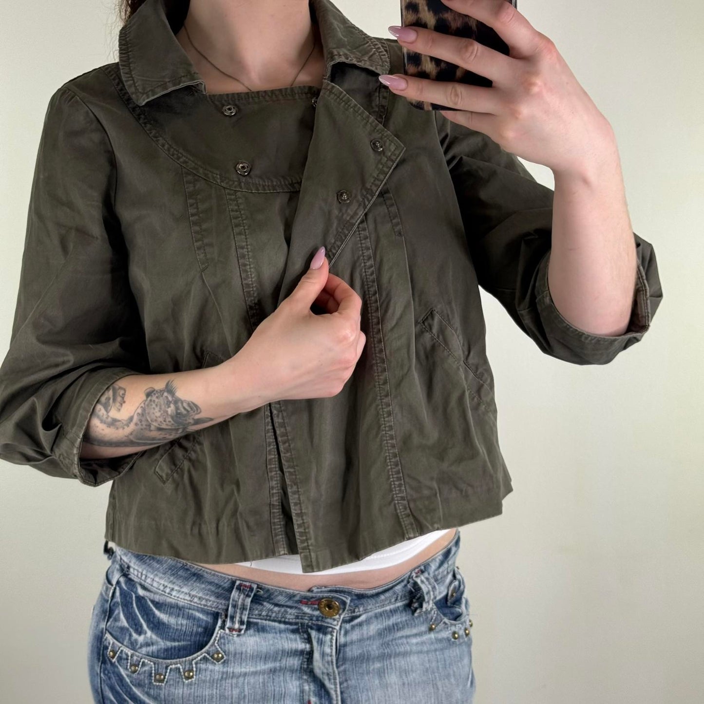 Y2K vintage military pea coat denim jacket ballon 3/4 sleeve pleated cropped