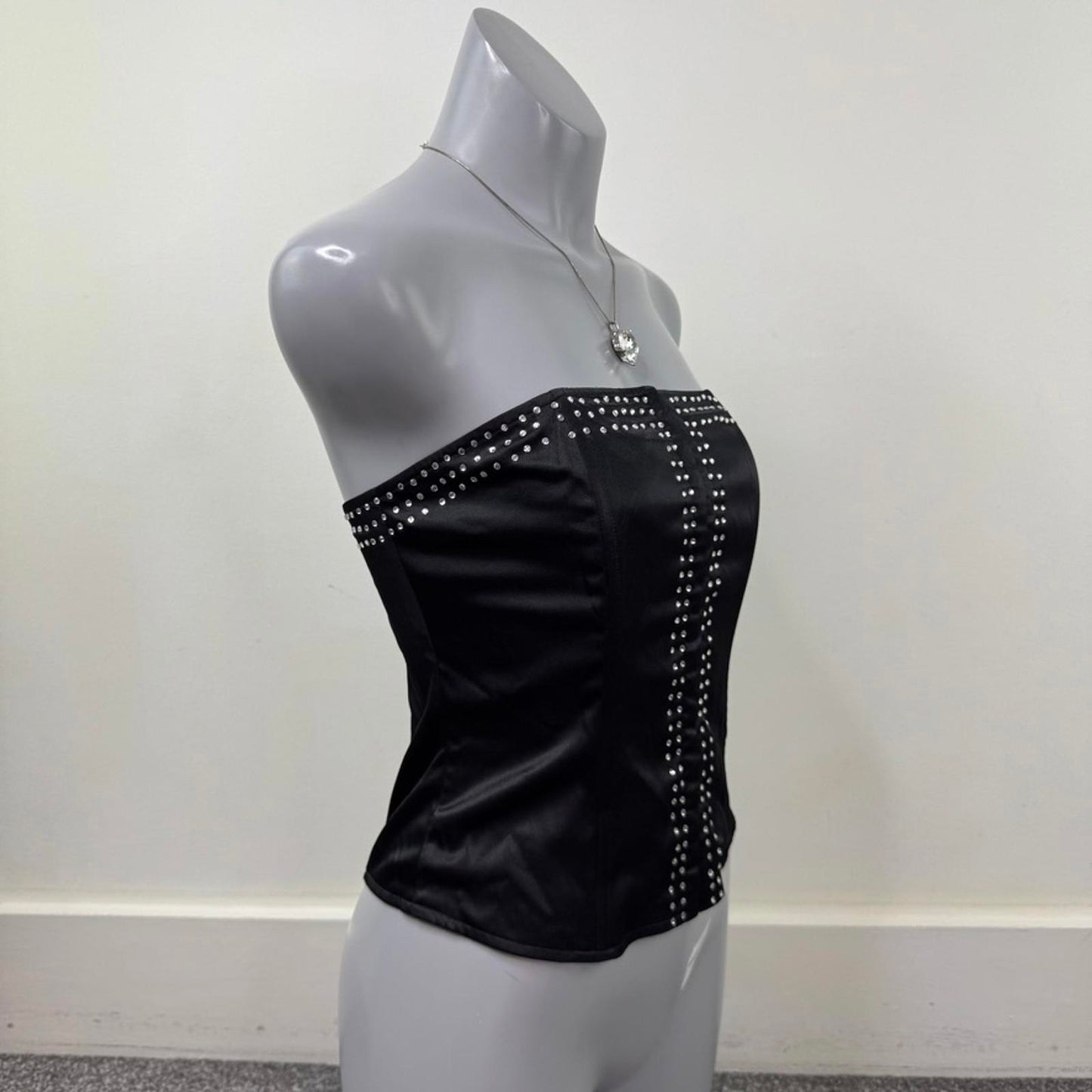 Y2K vintage strapless boned top bustier satin rhinestone hook and eye black