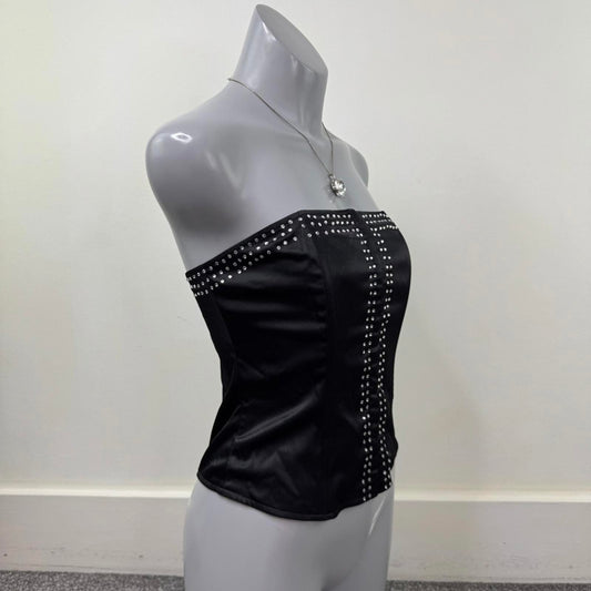 Y2K vintage strapless boned top bustier satin rhinestone hook and eye black