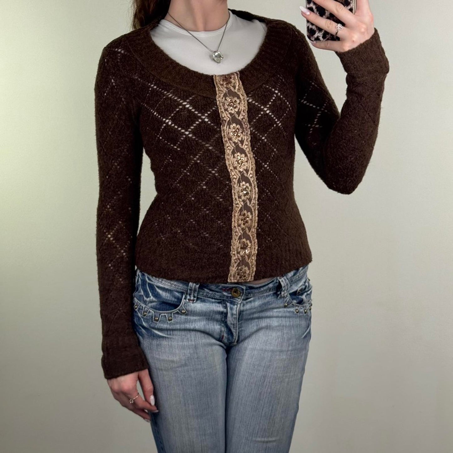 Y2K vintage Per Una knitted jumper lace trim sequin floral round neck sheer