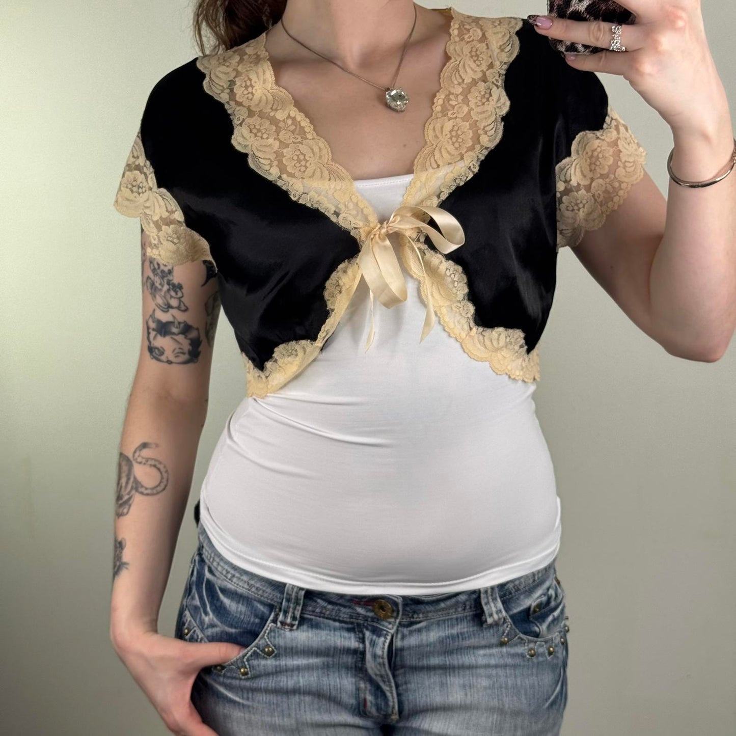 Y2K vintage cardigan lace trim short sleeve cropped bow satin black cream