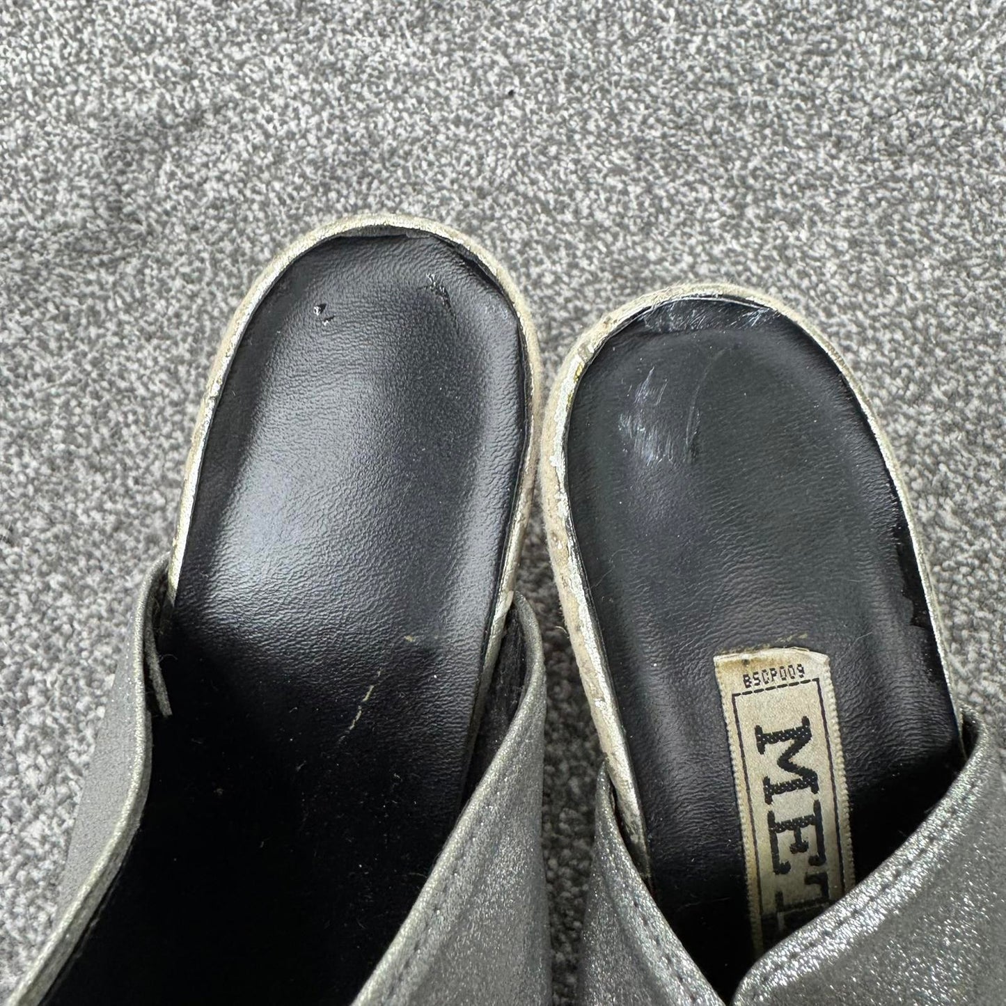 Y2K vintage Metro chunky platform heels silver metallic peep toe mules