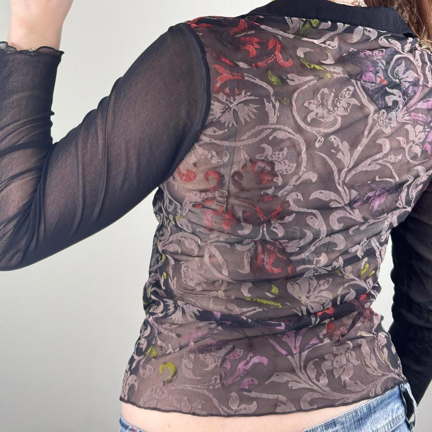 Y2K vintage Per Una mesh long sleeve top floral filigree velvet hook and eye