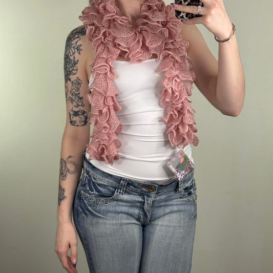 Y2K vintage knitted scarf ruffle baby pink layered