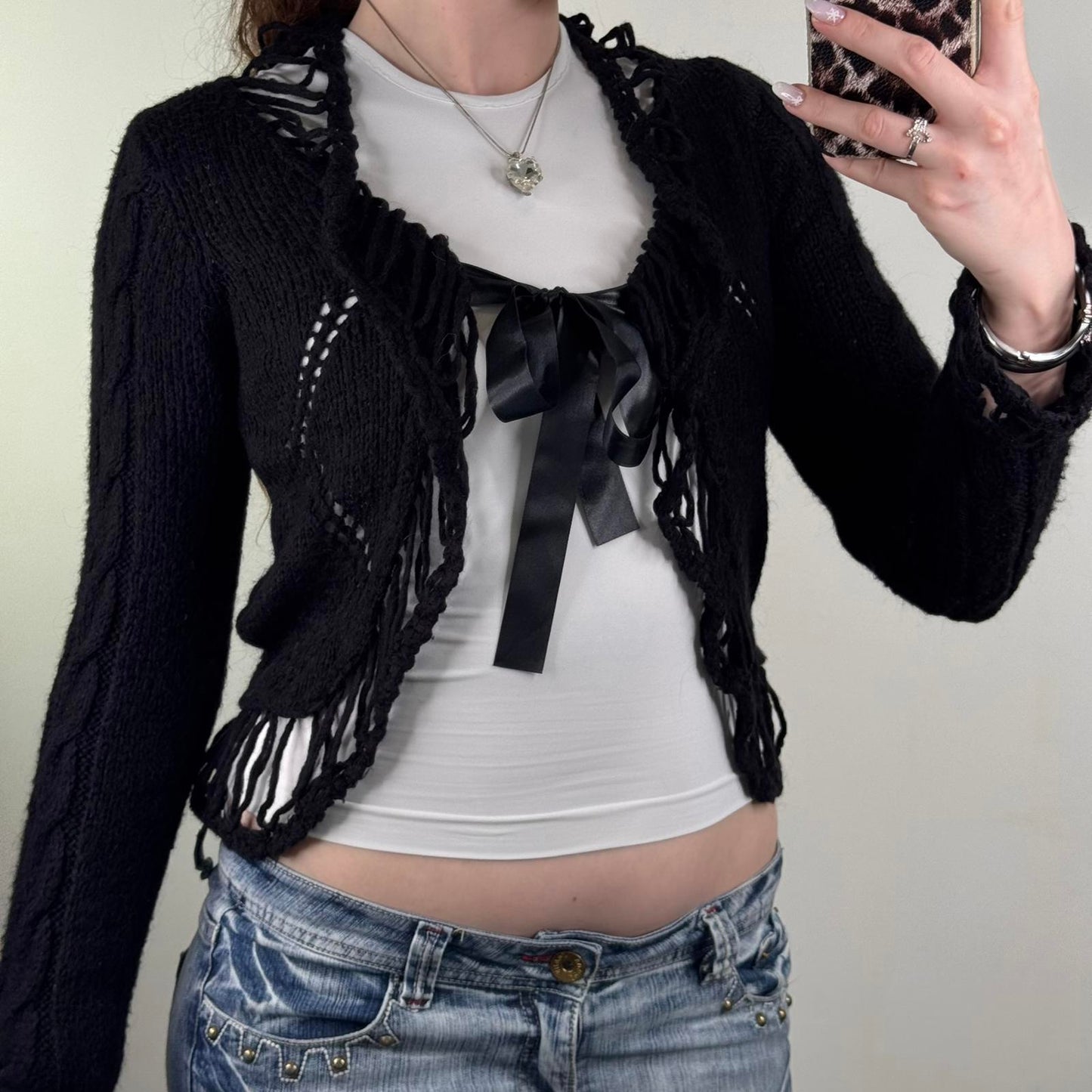 Y2K vintage mohair blend cable knit cardigan tie bow front open cut out abstract