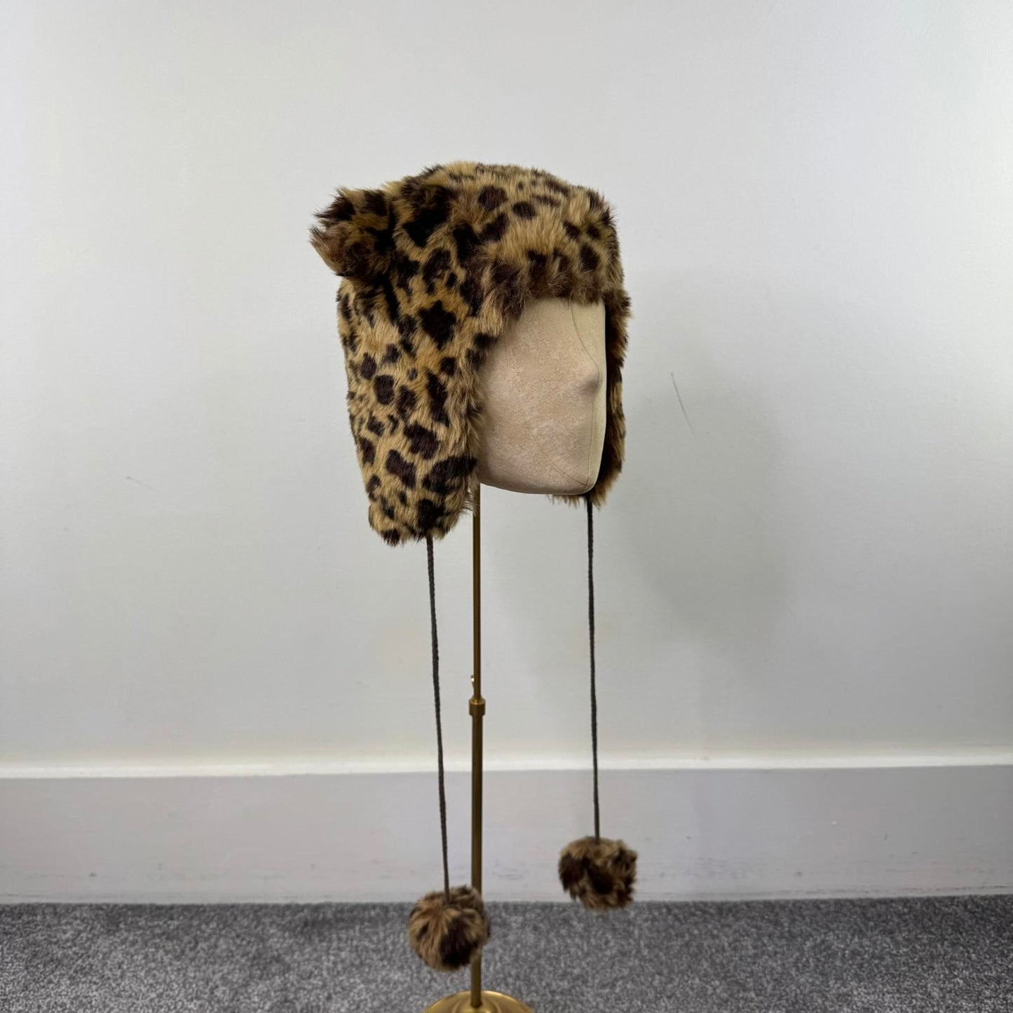 Y2K vintage trapper bear hat faux fur leopard print ears pom poms satin lined