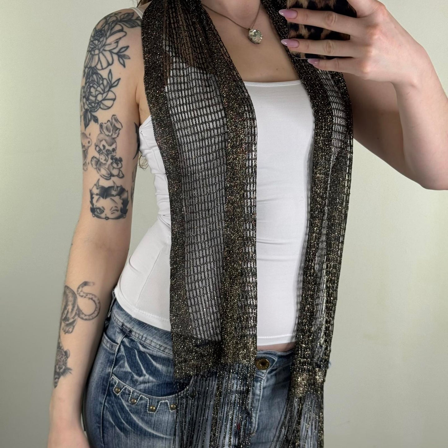 Y2K vintage mesh glitter scarf fringe black gold sparkly sheer lightweight