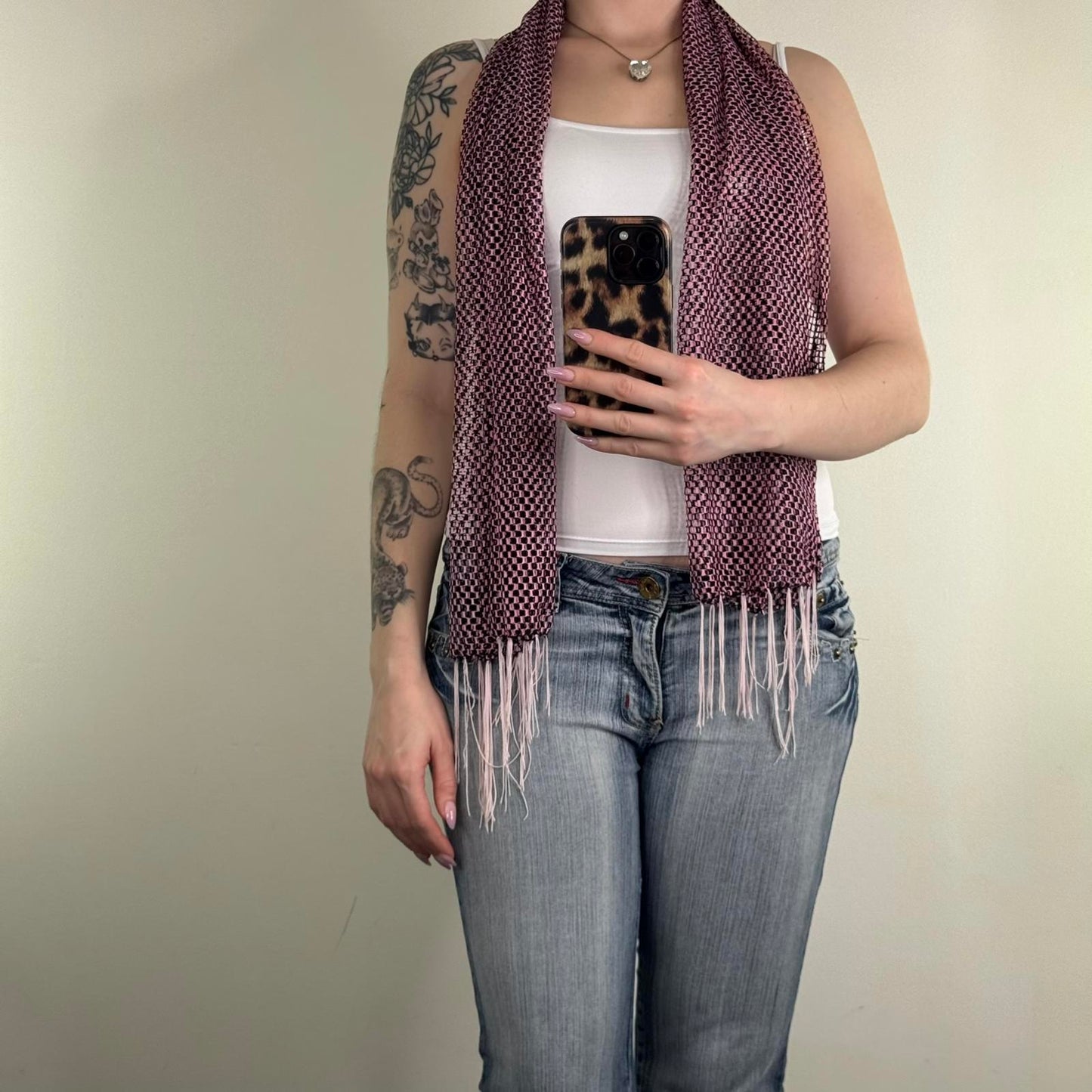 Y2K vintage mesh scarf fringe black pink sheer netted