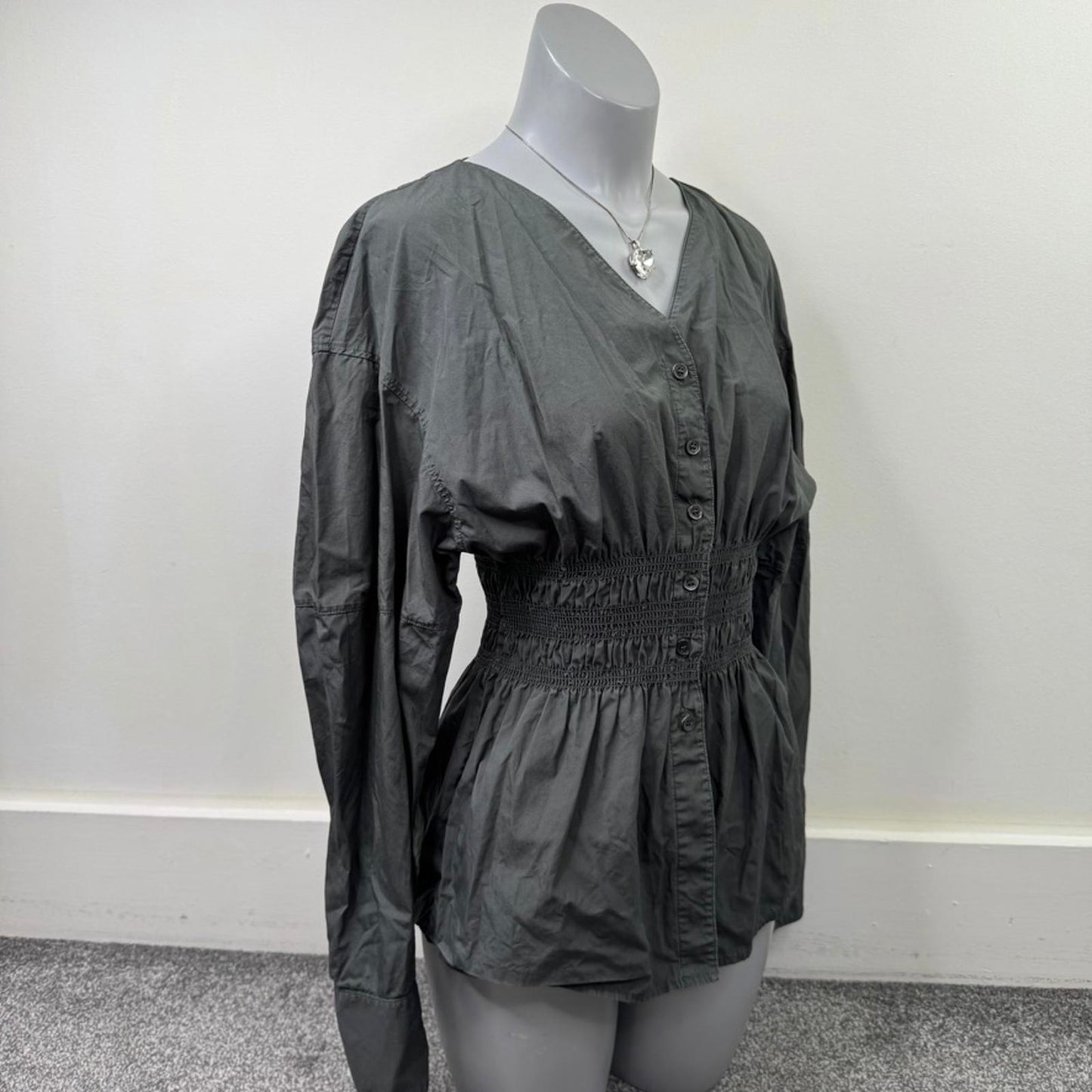 ARKET Smock Waist Poplin Blouse long sleeve shirt v neck button up RRP £69