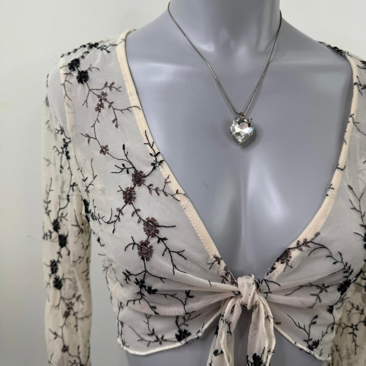Y2K vintage mesh cardigan long sleeve floral embroidered bow sheer stretchy