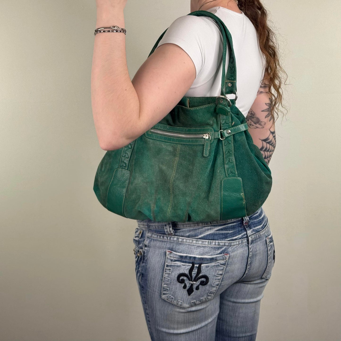 Y2K vintage genuine suede shoulder bag slouchy zipper green silver medium