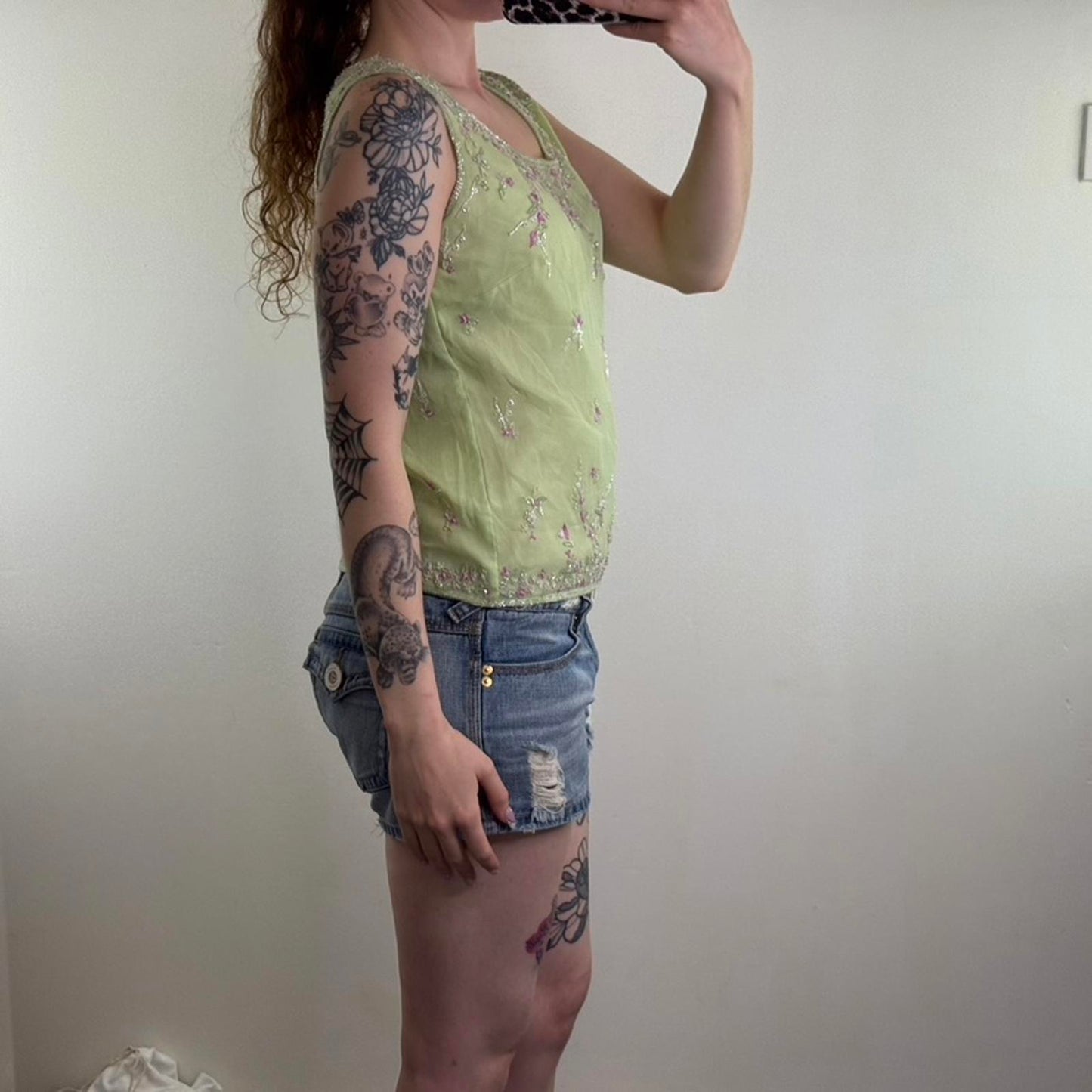 Y2K vintage 100% silk shell sleeveless blouse floral embroidered beaded sequin