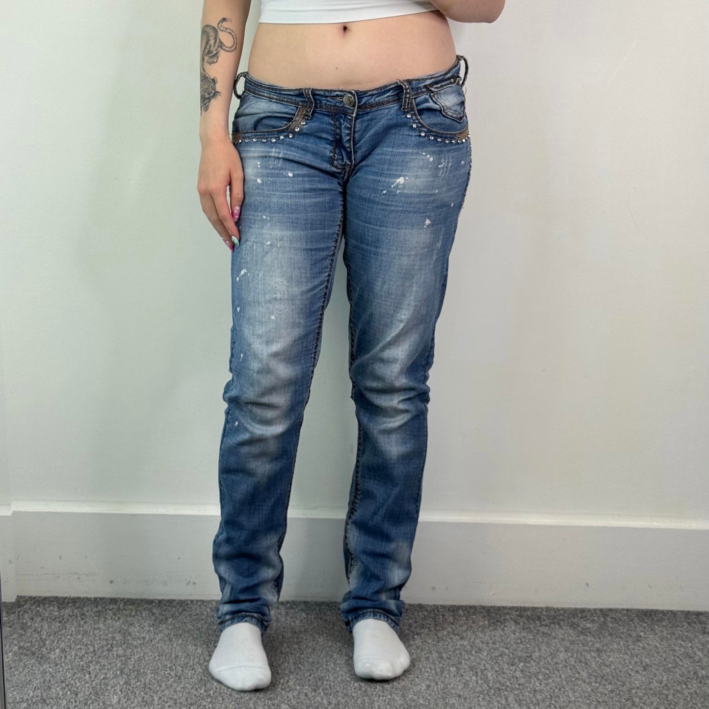 Y2K vintage low rise slim straight leg bootcut jeans faded denim rhinestones