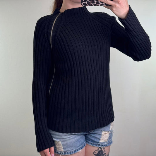 Y2K vintage knitted ribbed jumper thick side asymmetrical zipper high neck