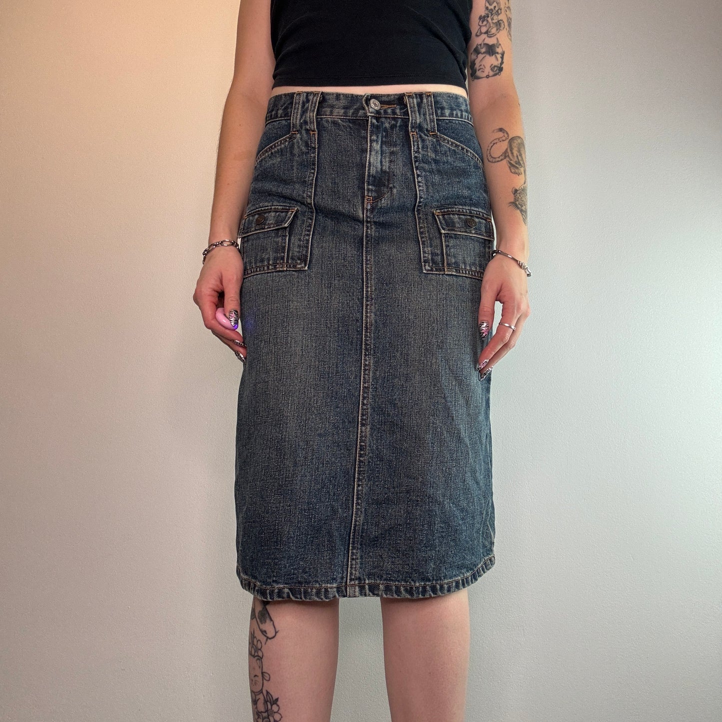 Y2K faded denim cargo midi skirt