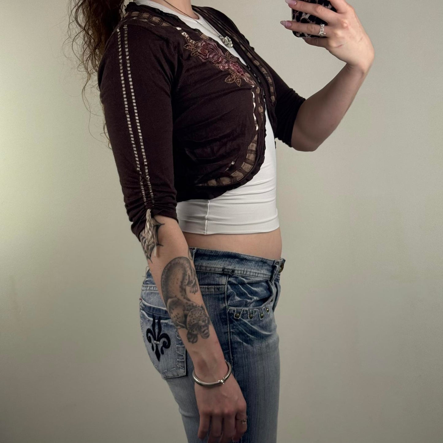 Y2K vintage Karen Millen cropped cardigan 3/4 sleeve ribbon floral embroidered