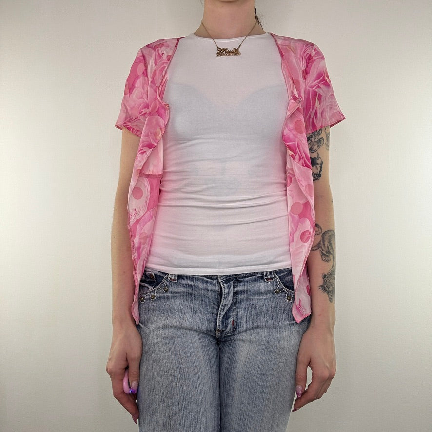 Y2K vintage silk top spotty floral rose open front scoop front cover up floaty