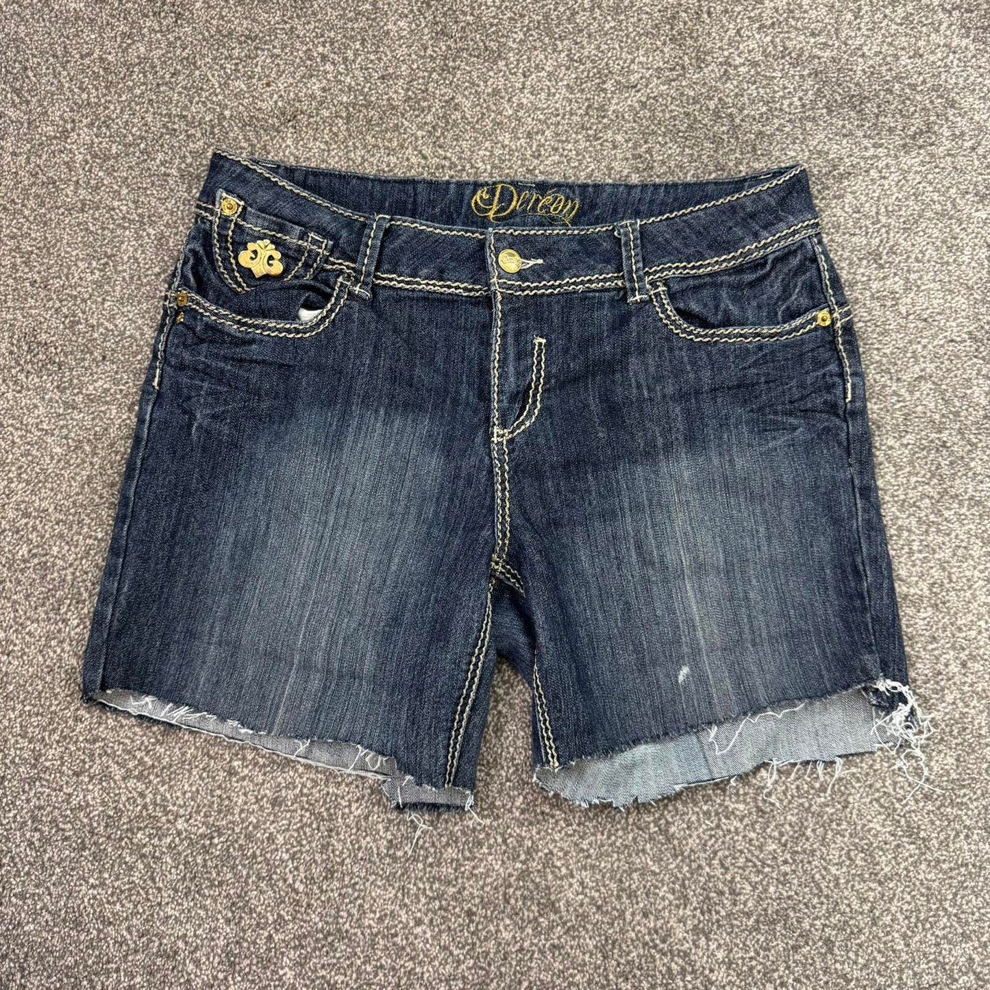 Y2K vintage denim mini short dark blue filigree contrast stitch grommet studded